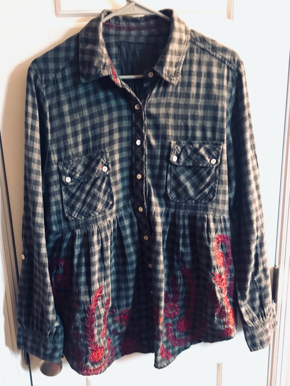 JOHNNY WAS 3J Workshop Embroidered Plaid Peplum Blouse Boho